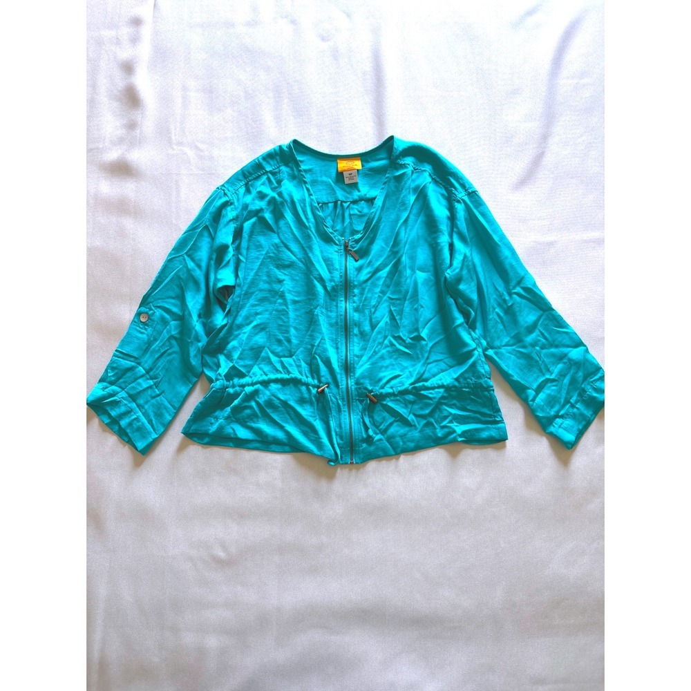 Ruby Rd Petite Teal Blue Zip Up Drawstring Waist Roll Tab Sleeve Jacket 10P